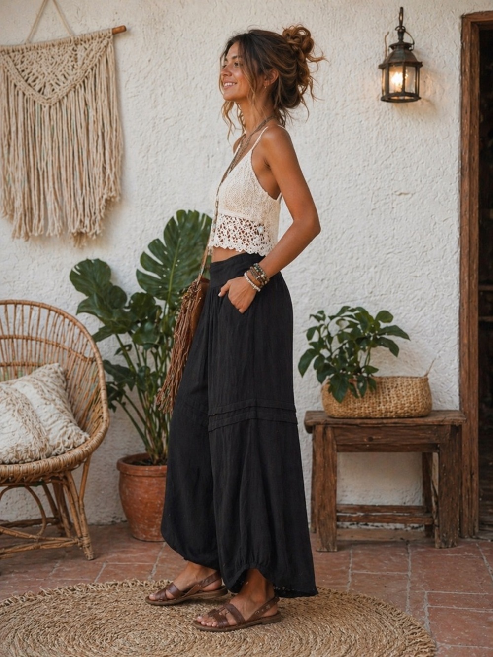 Black Boho Wide Leg Pants | Flowy Relaxed Festival Lounge Pants Size L/XL NWT - Picture 2 of 8